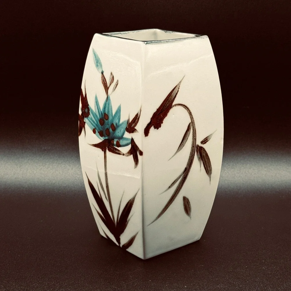 Vintage Napcoware Japan MCM Square Vase Turquoise Brown Floral Ceramic Botanical